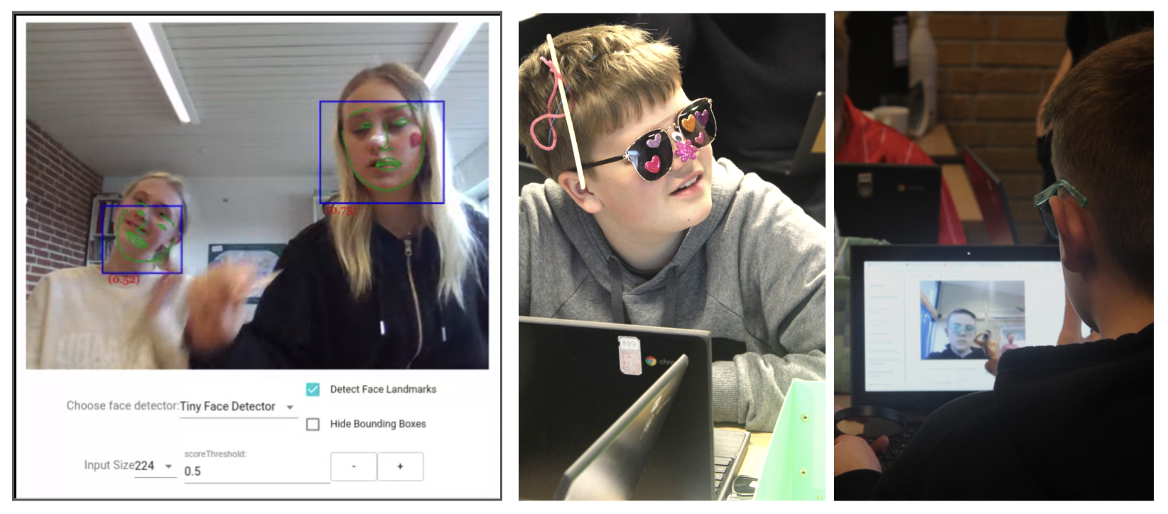 Students in session 2 interacting with the face-detecting software (left), students using sunglasses and craft materials to trick the software (middle), and a student checking the accuracy number of the face detection (right).